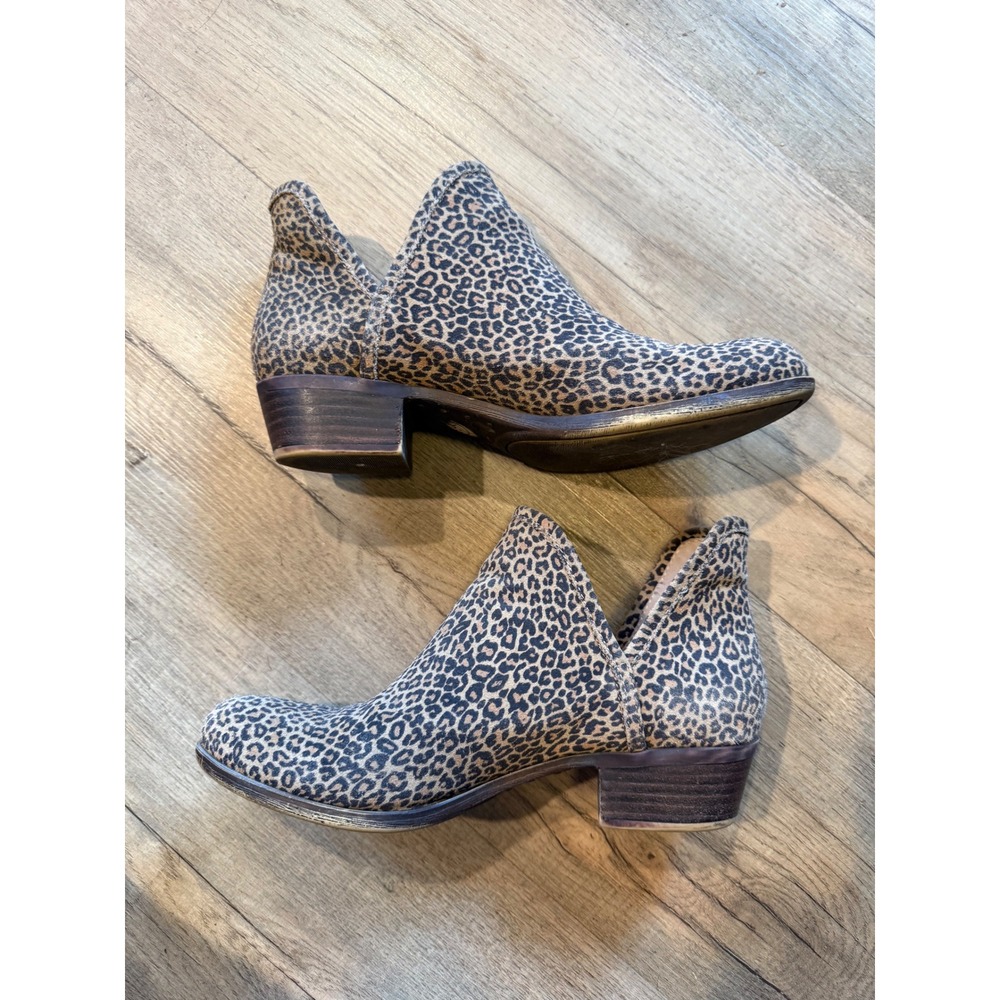 Lucky Brand Leopard Print Calf Hair Ankle Boots Brown Black Block Heel Size 8M